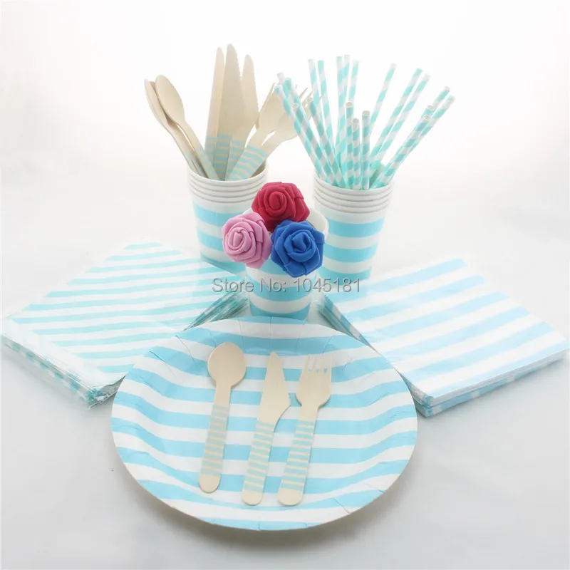 

ipalmay Wedding Party Tableware Set Blue Striped Paper Plates Drinking Straws Party Paper Cups Napkins Bags Wooden Utensil