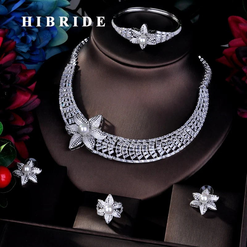 

Роскошные комплекты ювелирных изделий HIBRIDE из Дубая с крупным цветком и фианитами, свадебные аксессуары для женщин, жемчужный браслет, ювел...