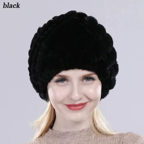 Новая хорошая эластичная вязаная женская шапка Настоящий мех кролика Женская зимняя теплая шапка из меха кролика рекс шапки пушистые шапки из натурального меха - Цвет: black