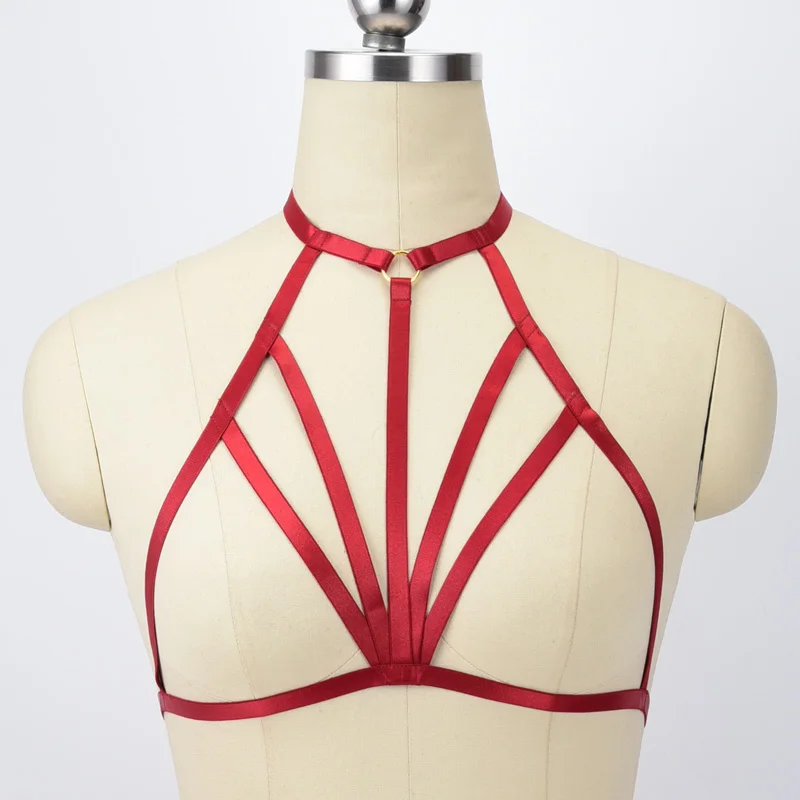 

Gothic Crop Top Harness Bra Harajuku Elastic Rave Body Harness Spandex Cage Bra Halloween Sexy Lingerie Red Bondage harness