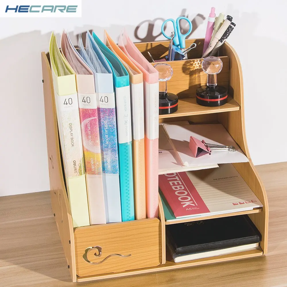 Wooden color HECARE пластиковый органайзер для домашнего офиса с выдвижным ящиком, белая многофункциональная стойка для журналов, держатель для документов, аксессуары для офисного стола - Цвет: Wooden color
