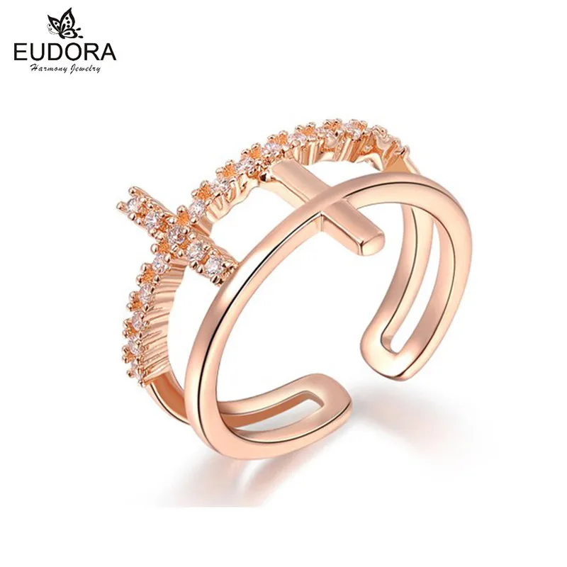 

Double Cross Ring Women Luxury Engagement Austrian Crystal Rose Gold Color Adjustable Open Design Cocktail Party Ring