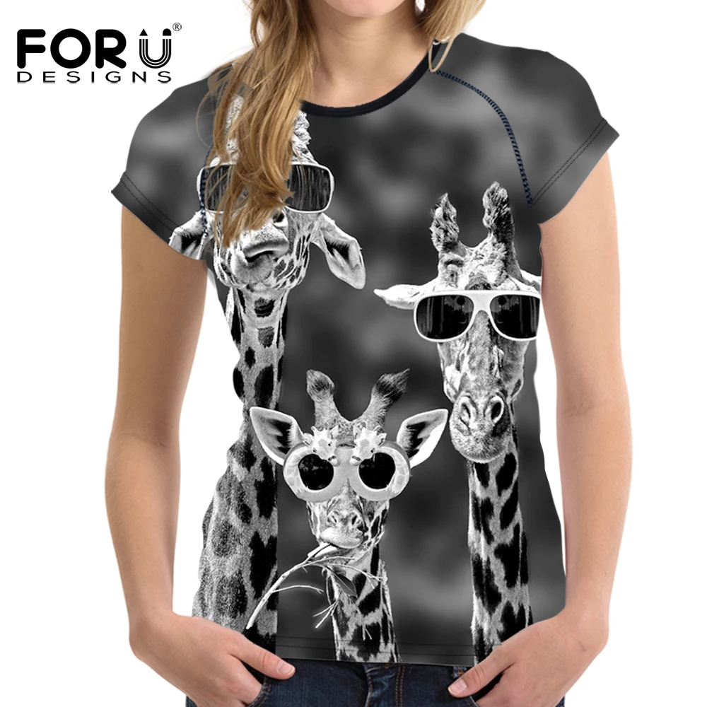 

FORUDESIGNS Women Basic T shirt Summer Short Sleeved Breathable Slim Tshirt For Girls 3D Animal Graffiti Female Shirts Clothes