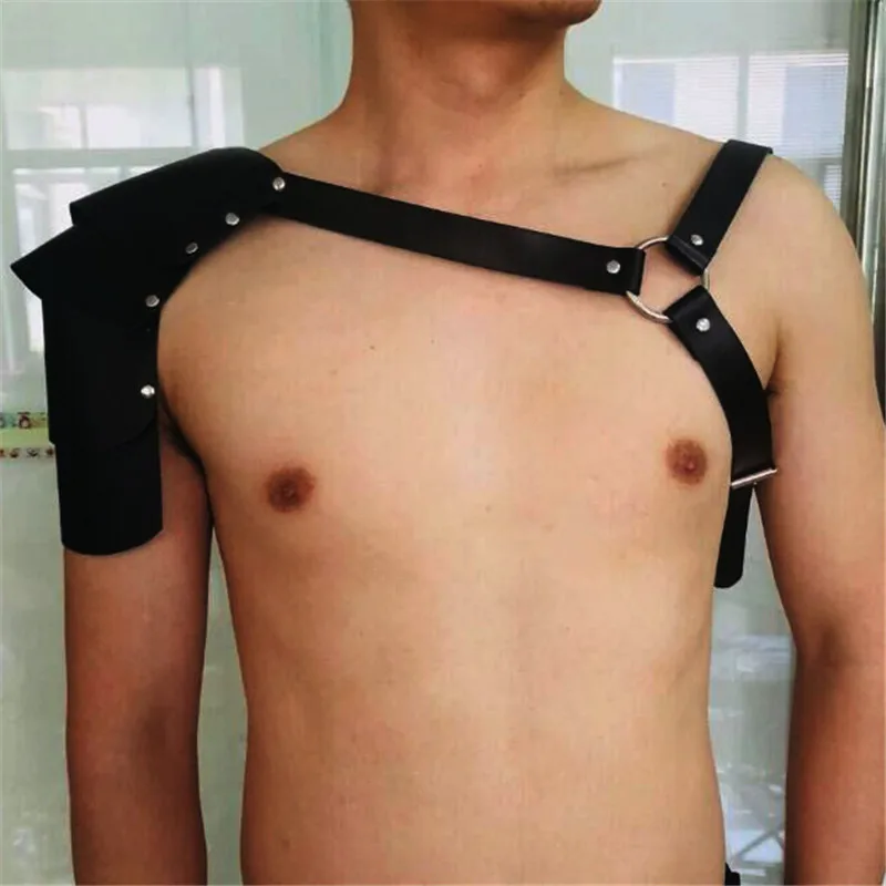 

Black Faux Leather Adjustable Men Body Chest Harness Bondage Shoulder Costume Belts Armors Buckles Top