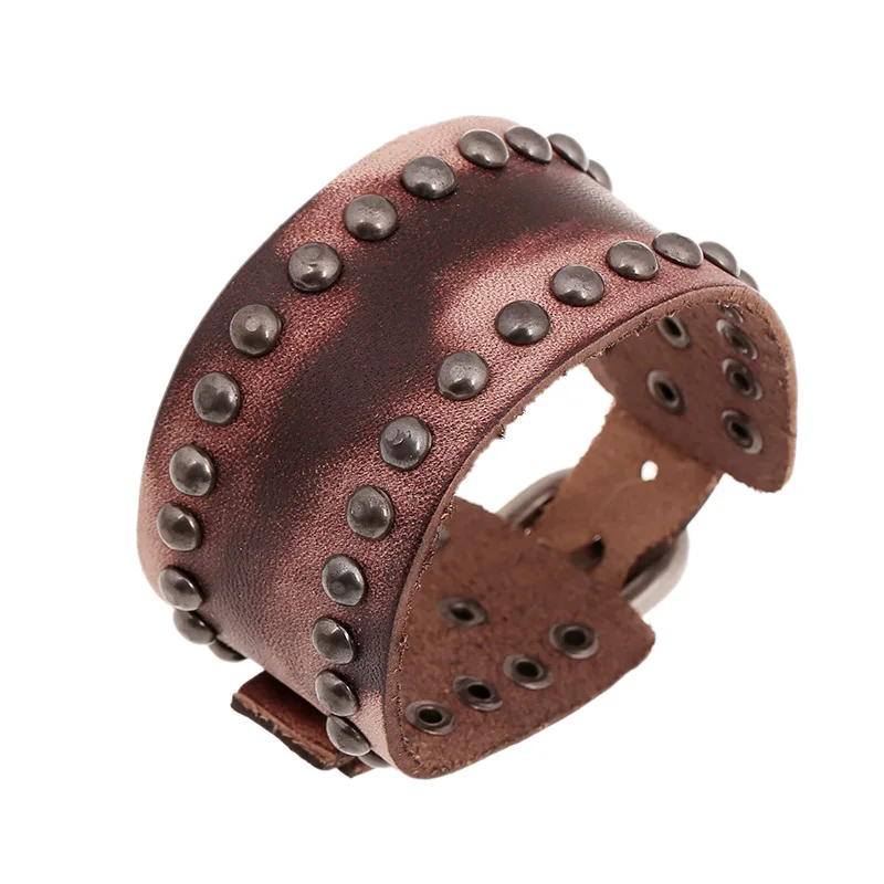 Мужской Байкерский браслет с заклепками коричневый кожаный широкий