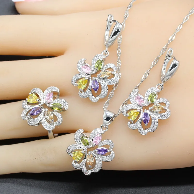 925 Silver Wedding Jewelry Sets Flower Shape 3 colors For Women Dangle Earrings Necklace Pendant Ring 2018 Trendy | Украшения и
