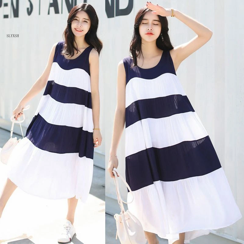 

SLYXSH 2018 new Maternity dress summer dress version of loose splicing stripe sleeveless pregnant woman's long skirt