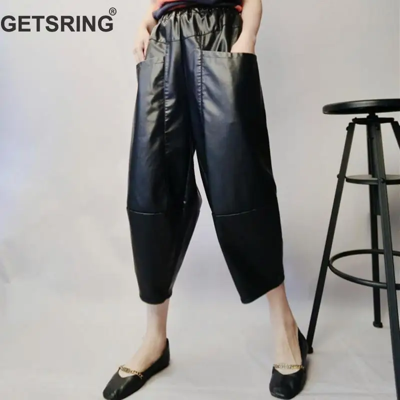 Женские брюки шаровары GETSRING черные из искусственной кожи с высокой талией