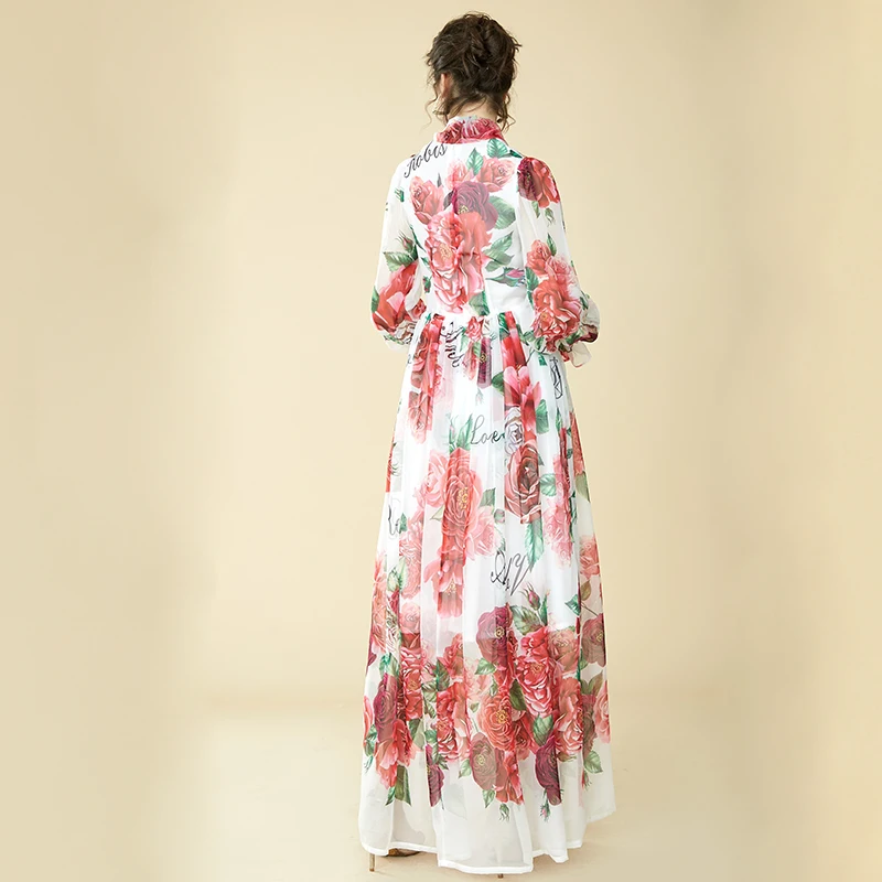 2019 Spring Bohemian Long ladies Dresses White Floral Print Bow Collar Casual Runway Design Maxi Dress For Women Boho clothes | Женская