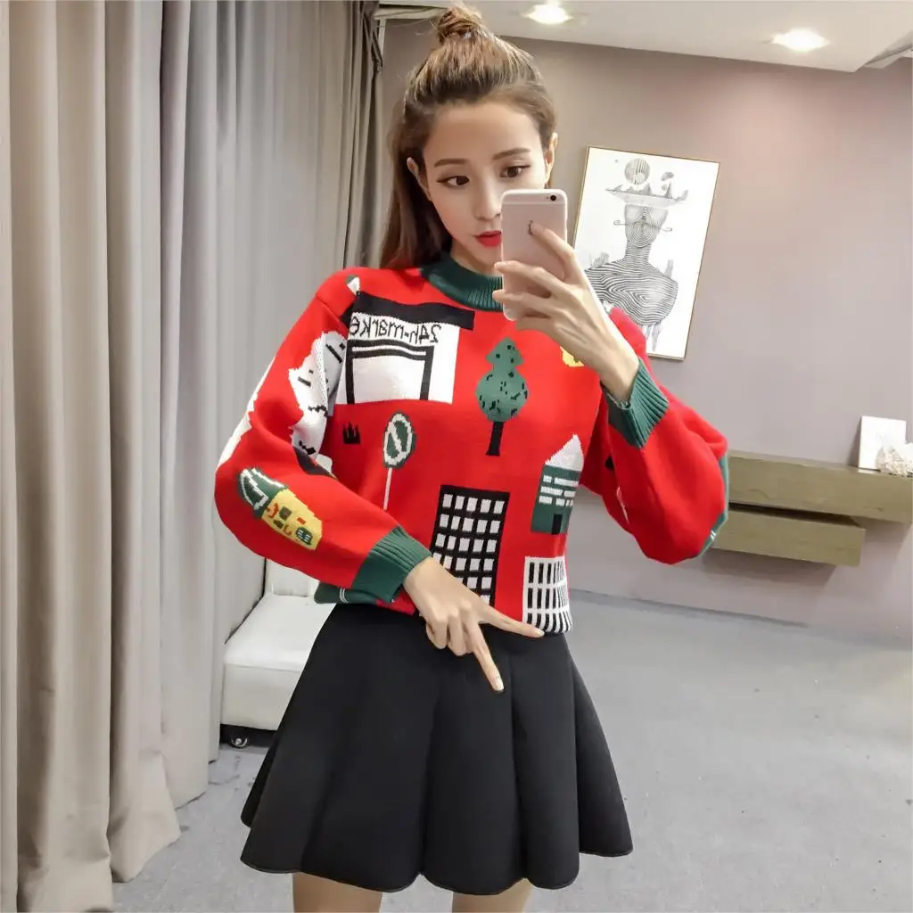 Autumn Winter Christmas Sweater Women Harajuku Print Pullover Half Turtleneck Knitted Sweaters Jumpers Pull truien dames MY788 | Женская