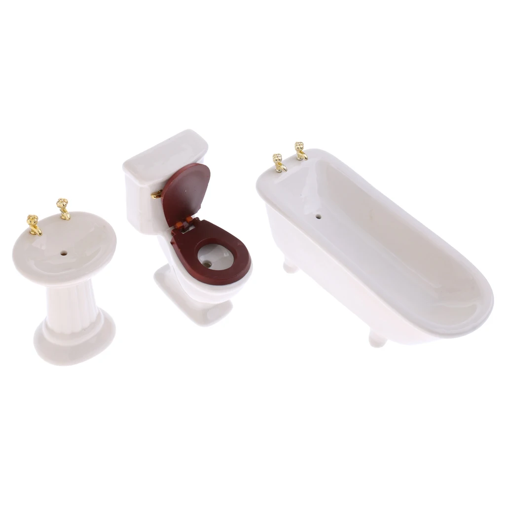 

3pcs White Ceramic Bathroom Bathtub Set Dollhouse Miniature Furniture 1/12