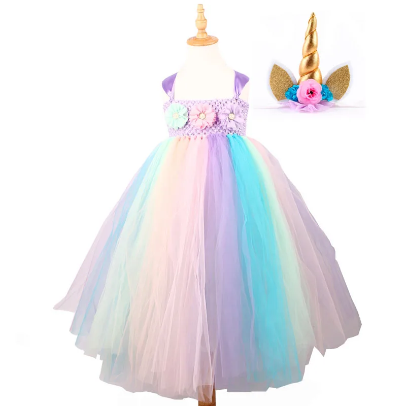 dress and headband Платье-пачка с цветочным рисунком и единорогом для девочек с повязкой на голову; Пастельное Радужное платье для детей; праздничная одежда для дня рождения; костюм феи - Цвет: dress and headband