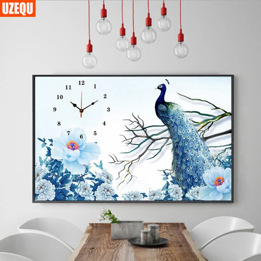 Uzequ полностью Алмазная вышивка настенные часы 5D DIY Алмазная картина вышивка крестиком цветочные часы с павлином Стразы для мозаики