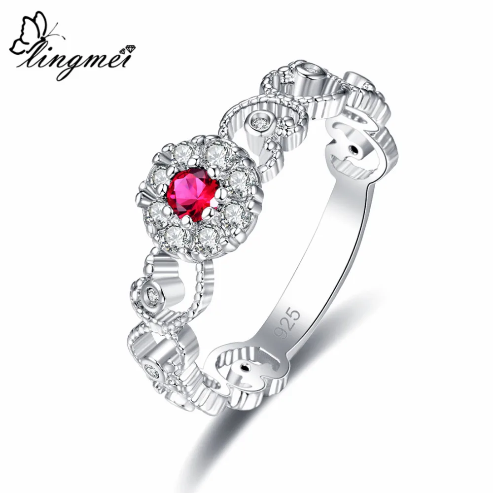 Lingmei Pretty, модное женское кольцо, простой стиль, круглая огранка, Красный& Синий& Белый циркон, серебро 925 пробы, ювелирное изделие, кольцо 925, размер 6, 7, 8, 9, подарки