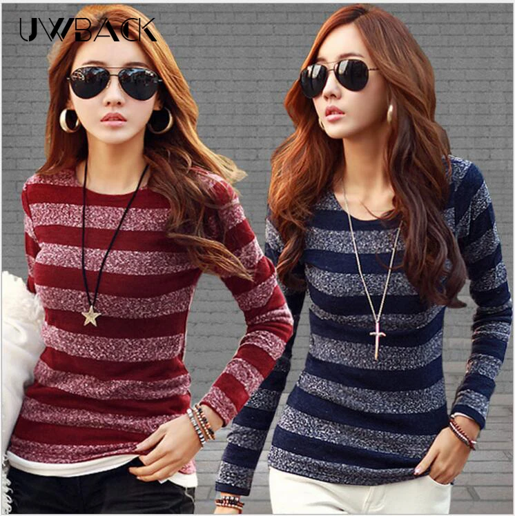 2019 Korean Fashion Women Knitted Sweater Autumn Striped Tops Clothes Long Sleeve O-neck Female Base Shirt DB003 | Женская одежда