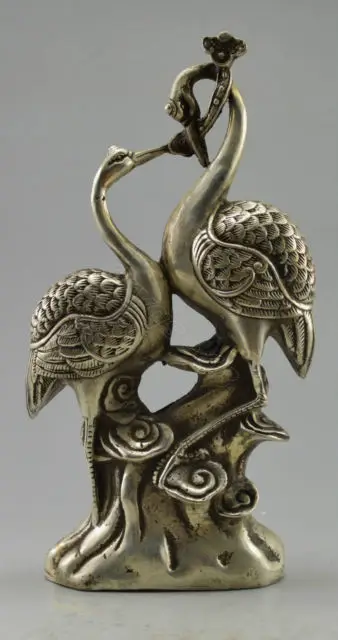 

Collectible Decorated Old Handwork Tibetan Silver Pair Crane On Mountain Statue