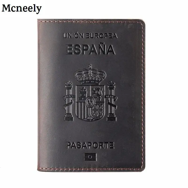 Spain Deep Coffee Мужская испанская Обложка для паспорта из натуральной кожи Crazy Horse, одноцветная Обложка для паспорта, бизнес унисекс, прочный Чехол-кошелек для путешествий Espana - Цвет: Spain Deep Coffee