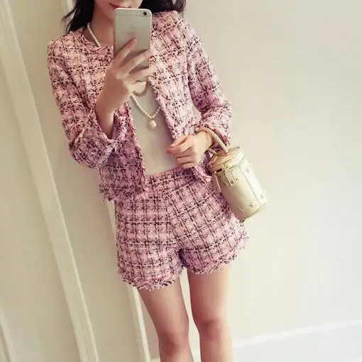Твидовый Женский комплект 2 шт. приталенный клетчатый короткий на осень и зиму