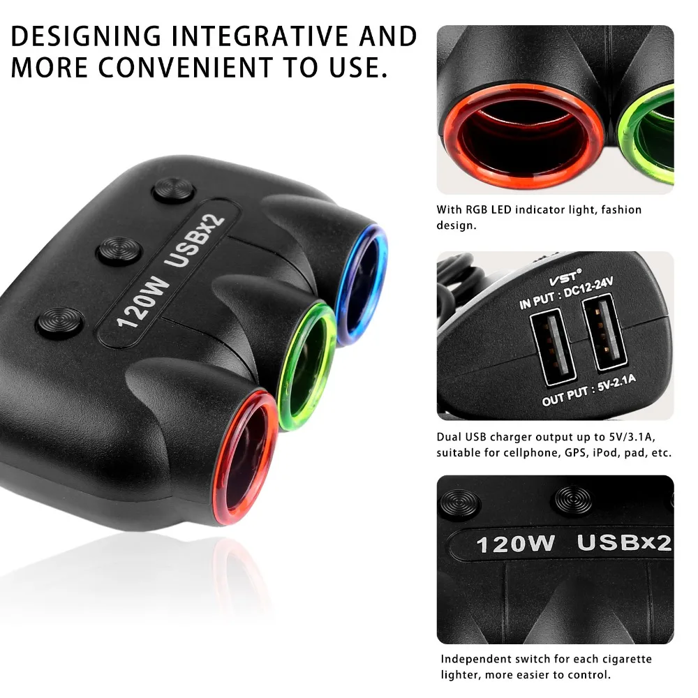 120 Вт 5 В розетка для автомобильного прикуривателя Разветвитель концентратор