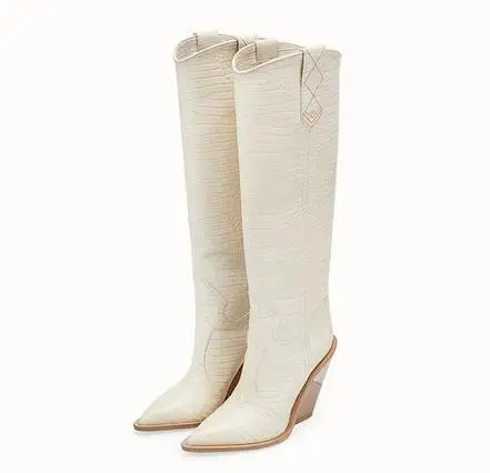 white Long boots Prova Perfetto; Новинка; ботинки для подиума в клетку с тиснением; женские сапоги до колена с острым носком на необычном высоком каблуке; модные женские ботинки «Челси» - Цвет: white Long boots