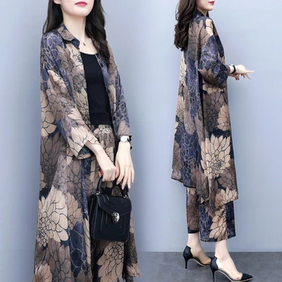 Весенний костюм Новинка 2019 года модный шифоновый комплект с принтом размера плюс