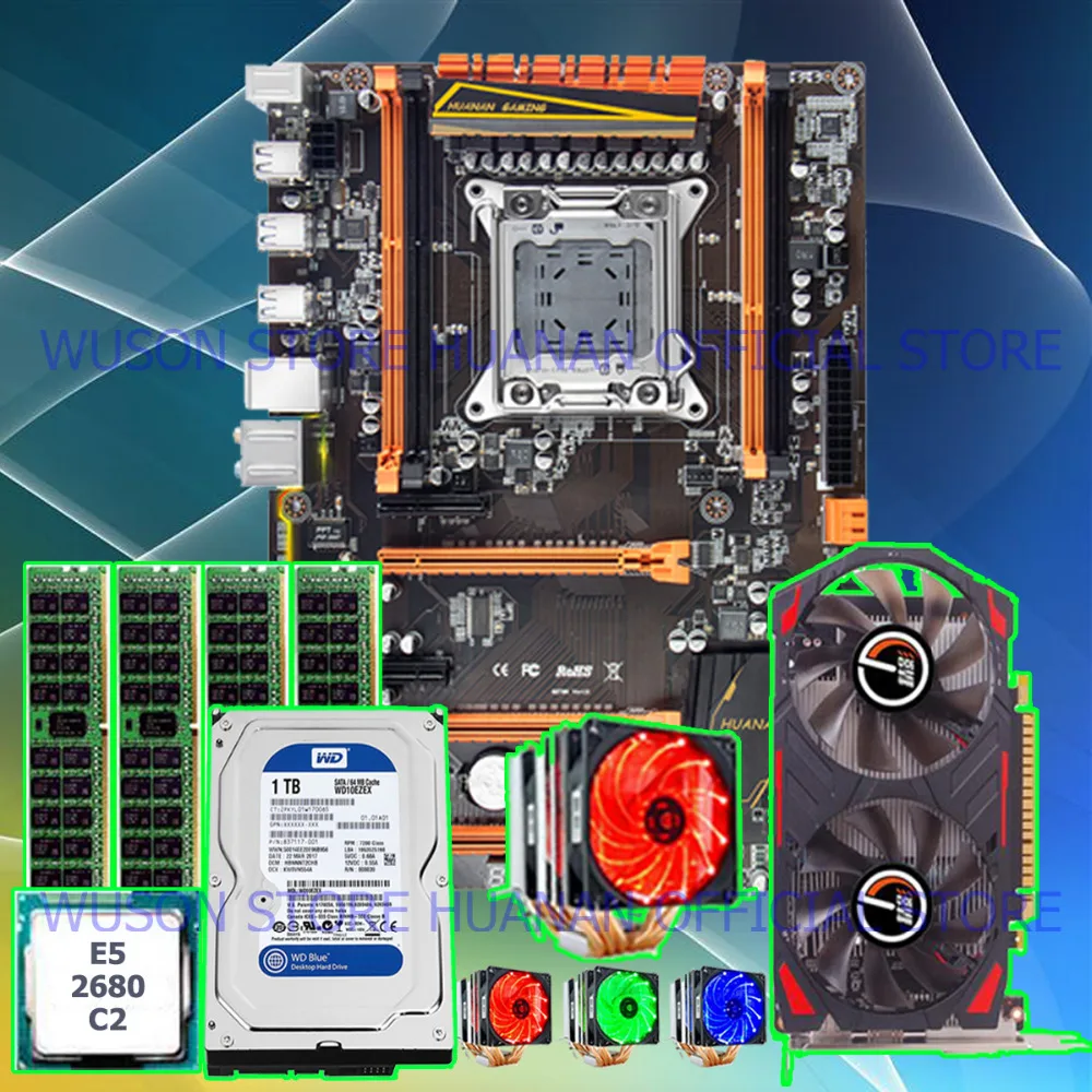 Brand HUANAN ZHI deluxe X79 motherboard with M.2 slot CPU Xeon E5 2680 C2 with cooler RAM 16G(4*4G) 1TB HDD GTX750Ti video card