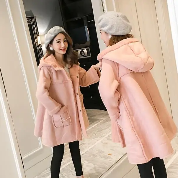 Розовые бархатные куртки с капюшоном для беременных трапециевидные свободные