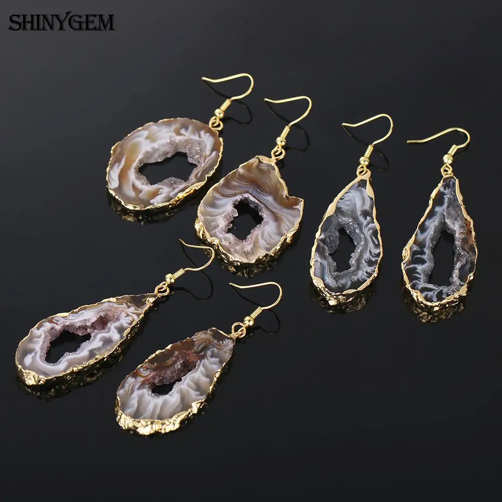 ShinyGem Необычные черные коричневые Агаты срезанные висячие серьги золото и серебро Нержавеющая сталь большое длинное из натурального камня серьги для женщин