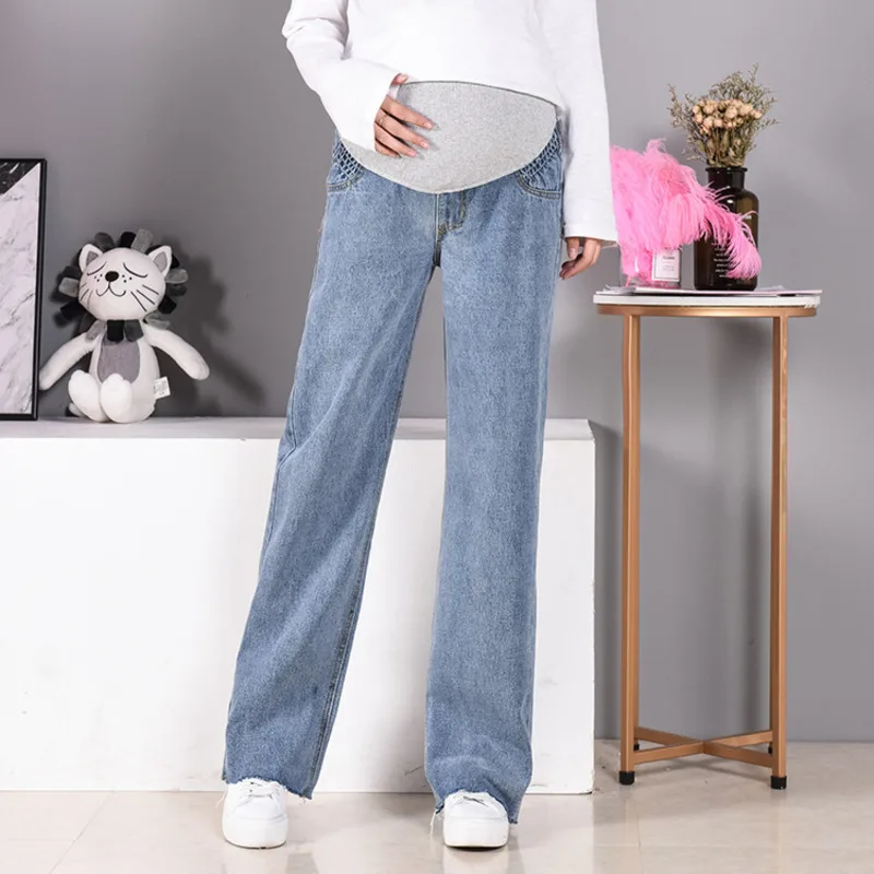 Pregnant Women's Broad-legged Pants Loose Floor Large-sized Straight Bell Bracket Jeans Wear Long In Autumn Cotton | Мать и ребенок
