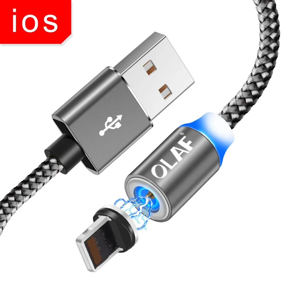 Gray IOS OLAF 1 м 2 м светодиодный кабель для быстрой зарядки Micro usb type C для Xiaomi Redmi Note 7 Mi9 Магнитный кабель для зарядки для iPhone X XR XS Max - Цвет: Gray IOS