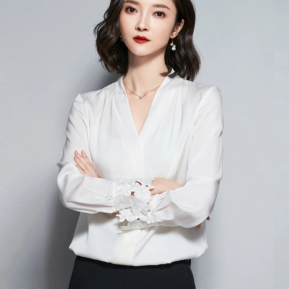 

D6679 V-neck Fashion White Chiffon Blouse OL Solid Color Shirt