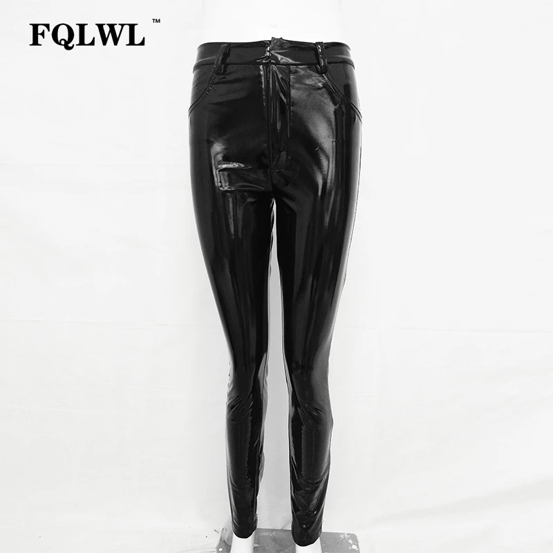 Женские узкие брюки FQLWL черные карандаш из искусственной кожи с пуговицами и