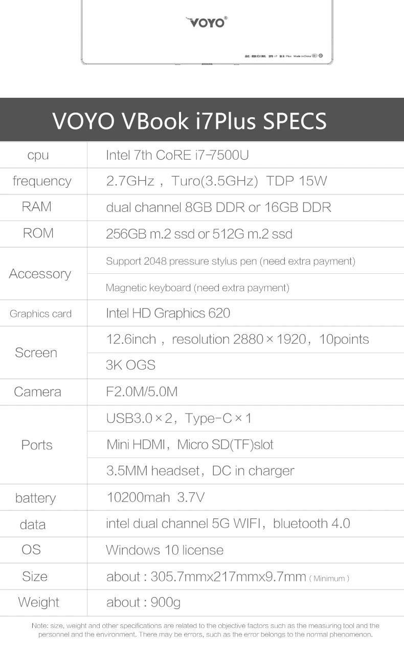 12,6 дюймов 2880*1920 VOYO i7 Plus 2 в 1 планшетный ПК Win10 Intel 7th Core i7-7500U 8G DDR 256G SSD Двойная камера HDMI
