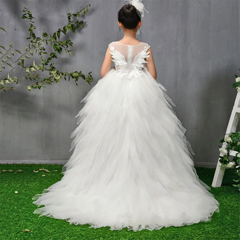 Luxury Long Trailing Flower Girl Dresses Beading Ball Gown Kids Pageant Dress Birthday Stunning Swan Feather Princess B106 | Детская