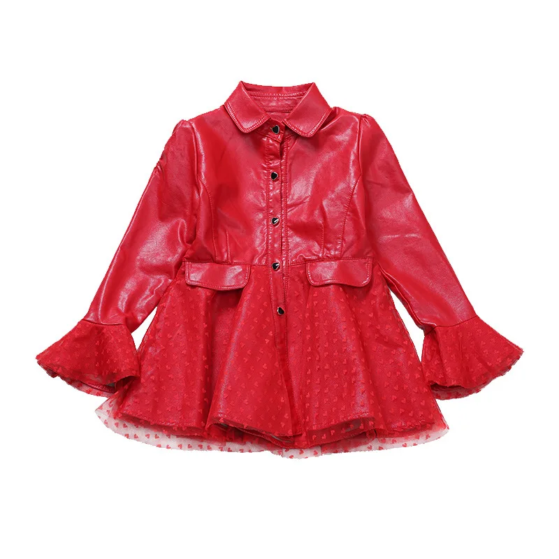 

Children Girl Clothing PU Leather Lace Coat Jacket 2018 New Girls Outerwear Faux Leather Jacket Color Black / Red 110-160