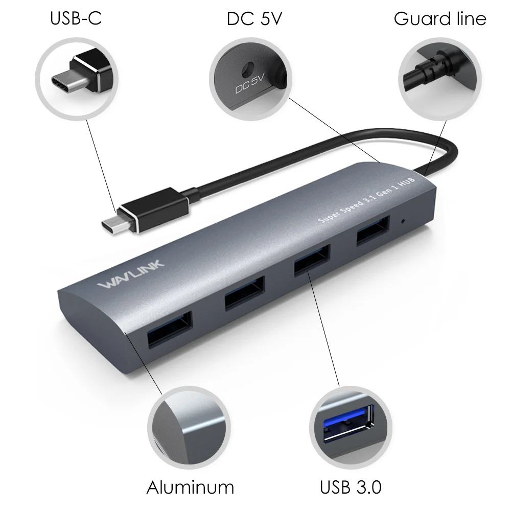 Wavlink 4 порта USB C HUB Алюминиевый Супер Скоростной 3 1 Gen 5 Гбит/с Type источник питания