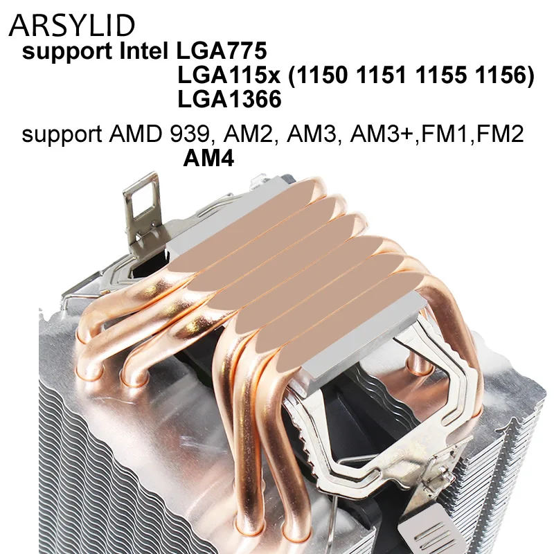 for 775 115x 1366 ARSYLID CN-609A-P 9 см 4pin вентилятор 6 тепловым стержнем heat pipe Процессор кулер вентилятор охлаждения для Intel LGA775 1151 115x1366 2011 для AMD AM3 AM4 радиатора - Цвет лезвия: for 775 115x 1366