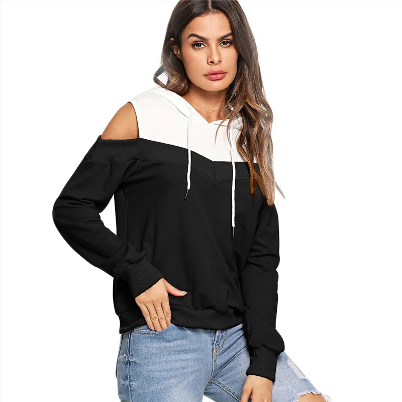 SHEIN Толстовка С Открытыми Плечами И Капюшоном Женская Осенняя Повседневная Толстовка С Длинными Рукавами