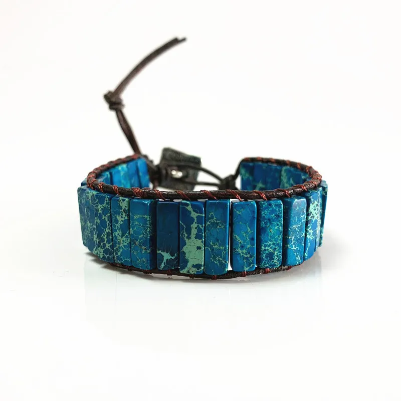 

Unique Blue King Stone Bead Single Leather Wrap Bracelets Wholesale Handmade Bohemian Vintage Weaving Bracelet Wholesaler