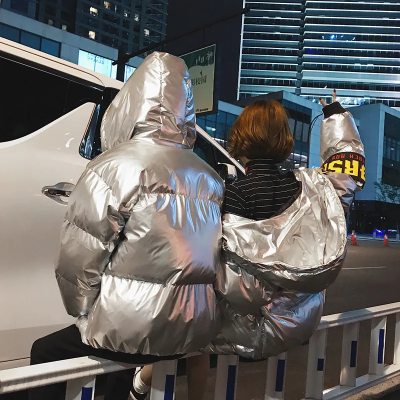 2018 Для мужчин зимние теплые парки хип хоп мода Повседневное яркое серебро