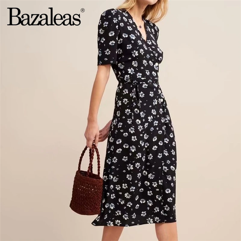 Винтажное шикарное летнее платье Bazaleas для отдыха модное черное миди с V-образным