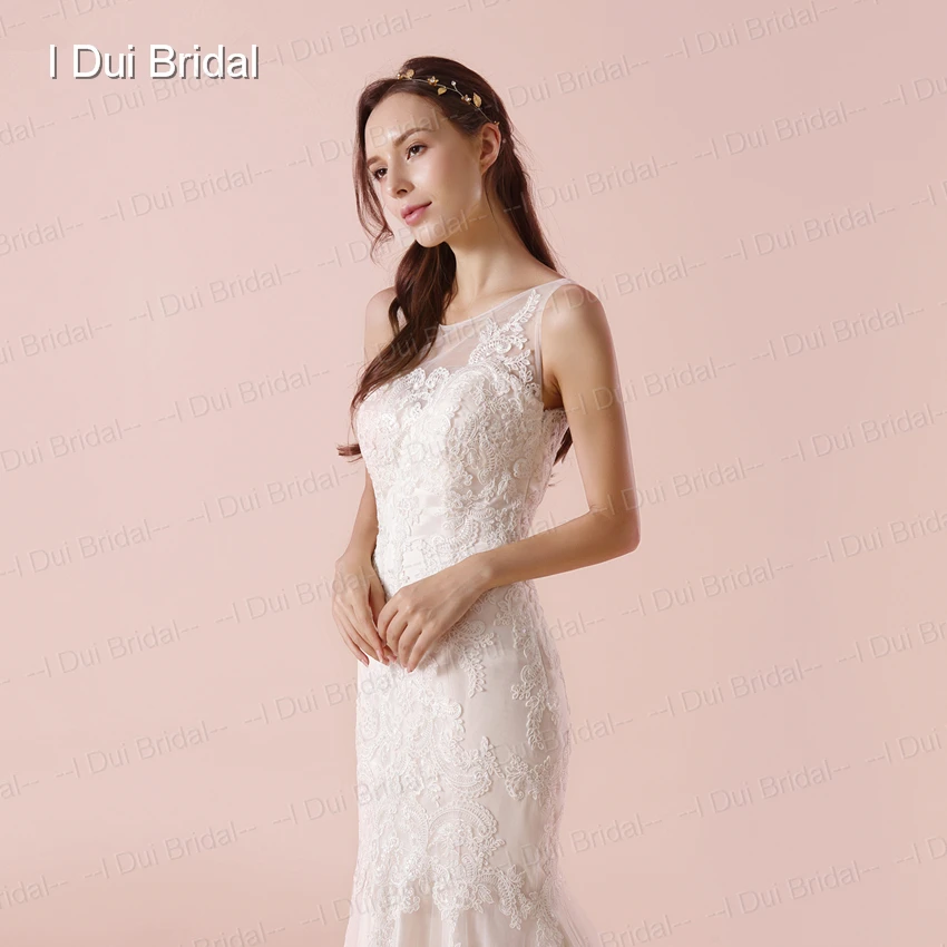 Illusion Back Sheath Wedding Dress Side Zipper Lace Appliqued New Bridal Gown