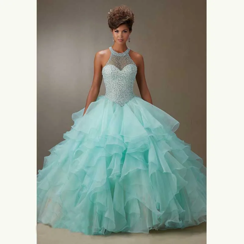 Девушки 2016 Потрясающие Quinceanera Платья Sexy Холтер Шеи Бисероплетение Жемчуг