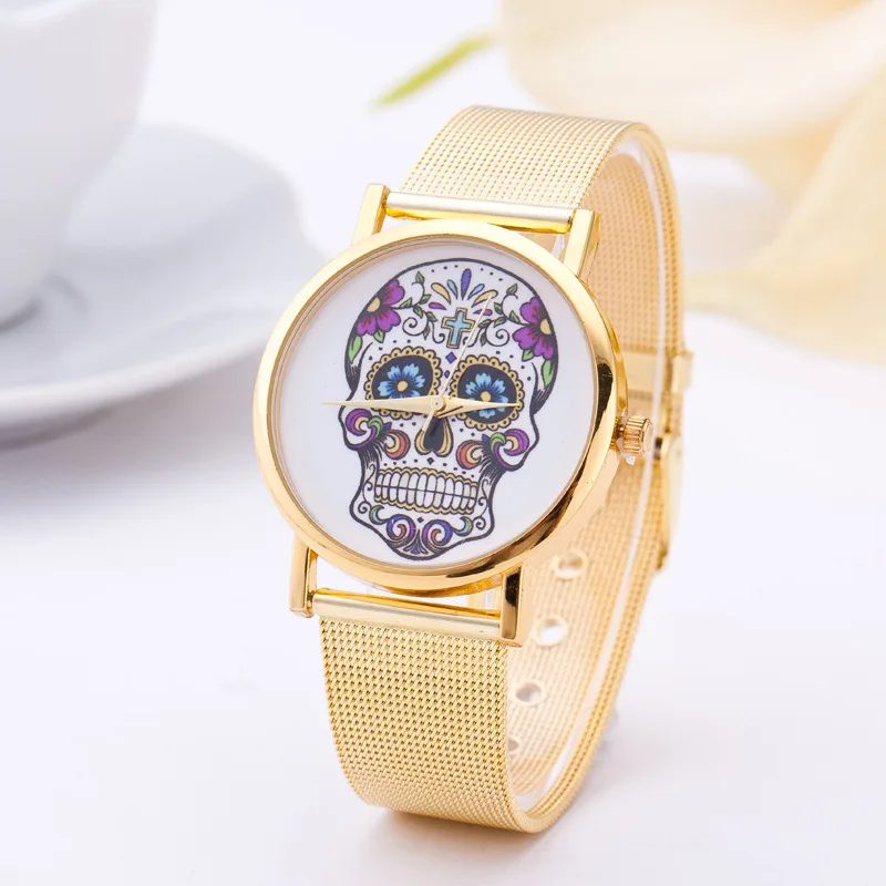 Crânio de Ouro Relógio de Pulso para Mulheres Vestido da Senhora Relógio para Mulheres Moda Alça Quartz Relógio Pulseira Feminino Reloj Mujer Aço