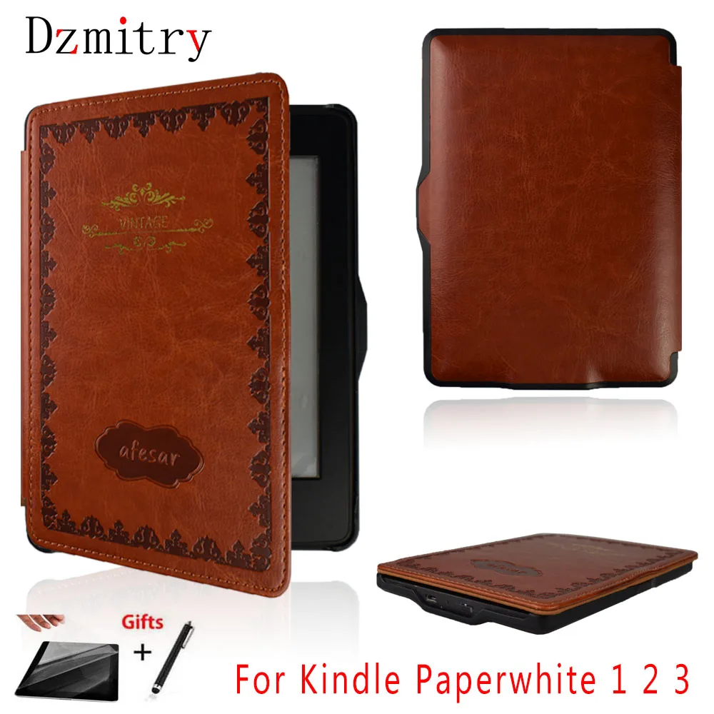 Винтажный кожаный чехол-книжка для Amazon Kindle Paperwhite 1 2 3( 2013 2012) флип-чехол с магнитом и функцией автоматического сна+ пленка+ ручка