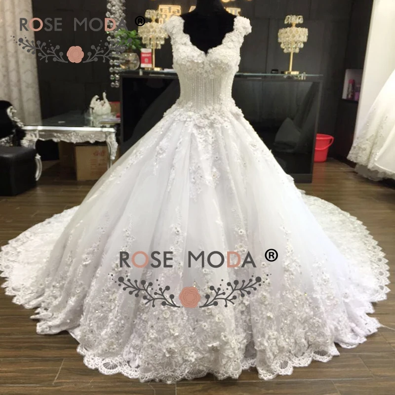 Роза Moda Роскошные 3D Цветы кружево свадебное платье Принцесса Свадебное бальное платье с длинным шлейфом