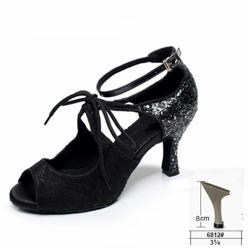 Black heel 8cm Для женщин латиноамериканские бальные танцы обувь дамы сальса танго, Самба вальс вечерние танцевальные туфли, каблук 6 см 7,5 см 8-10 см; сандалии для девочек - Цвет: Black heel 8cm