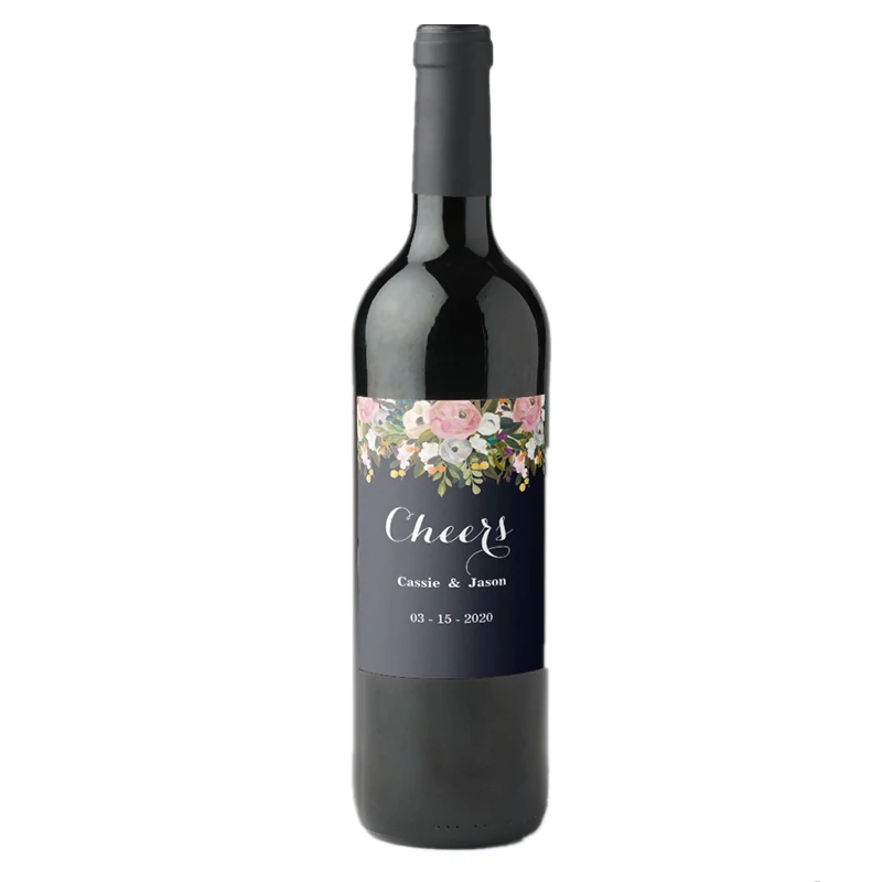 

Personalized Navy Botanical Cheers Wedding Wine Label