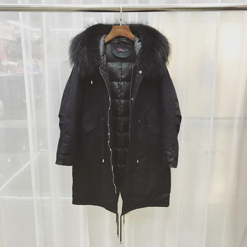 Большой натуральный мех енота 2019 новое зимнее пальто куртка женское длинное