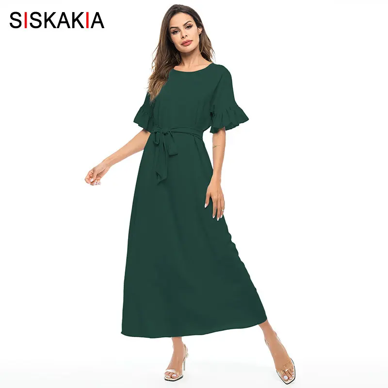 Женское офисное платье Siskakia длинное однотонное с оборками и коротким рукавом